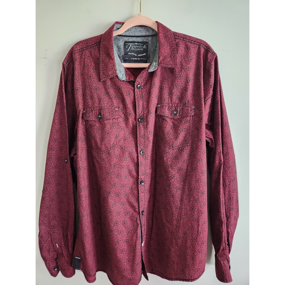 Tranquility Mayhem Mens XL Button up Shirt‎ Black Flower Design Long sleeve Red